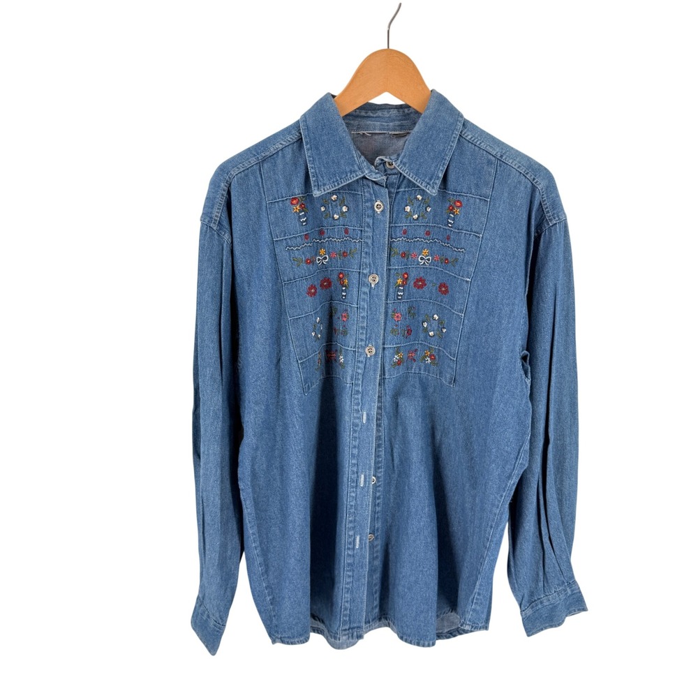 Vintage Denim Button Down Shirt Large Floral Embroidered Cottagecore Western